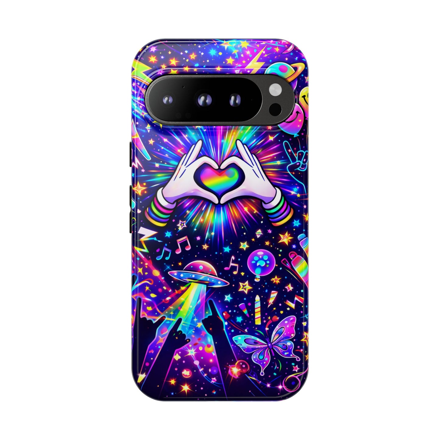 Rainbow Heart Hands Phone Case – Neon Galaxy EDM Festival Tough Cover