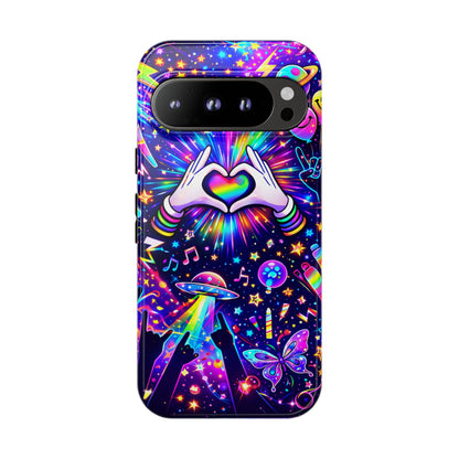 Rainbow Heart Hands Phone Case – Neon Galaxy EDM Festival Tough Cover