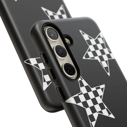 Checkered Star Tough Phone Case – Black Retro Graphic Protective Cover for Iphone, Samsung Galaxy and Pixel