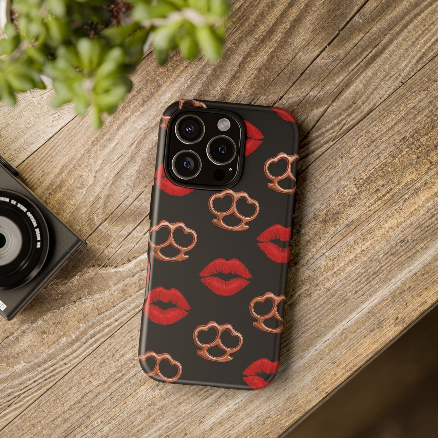 Red Lipstick & Knuckle Duster Phone Case | Bold Kiss Print Tough Protective Cover for Iphone, Samsung Galaxy and Pixel