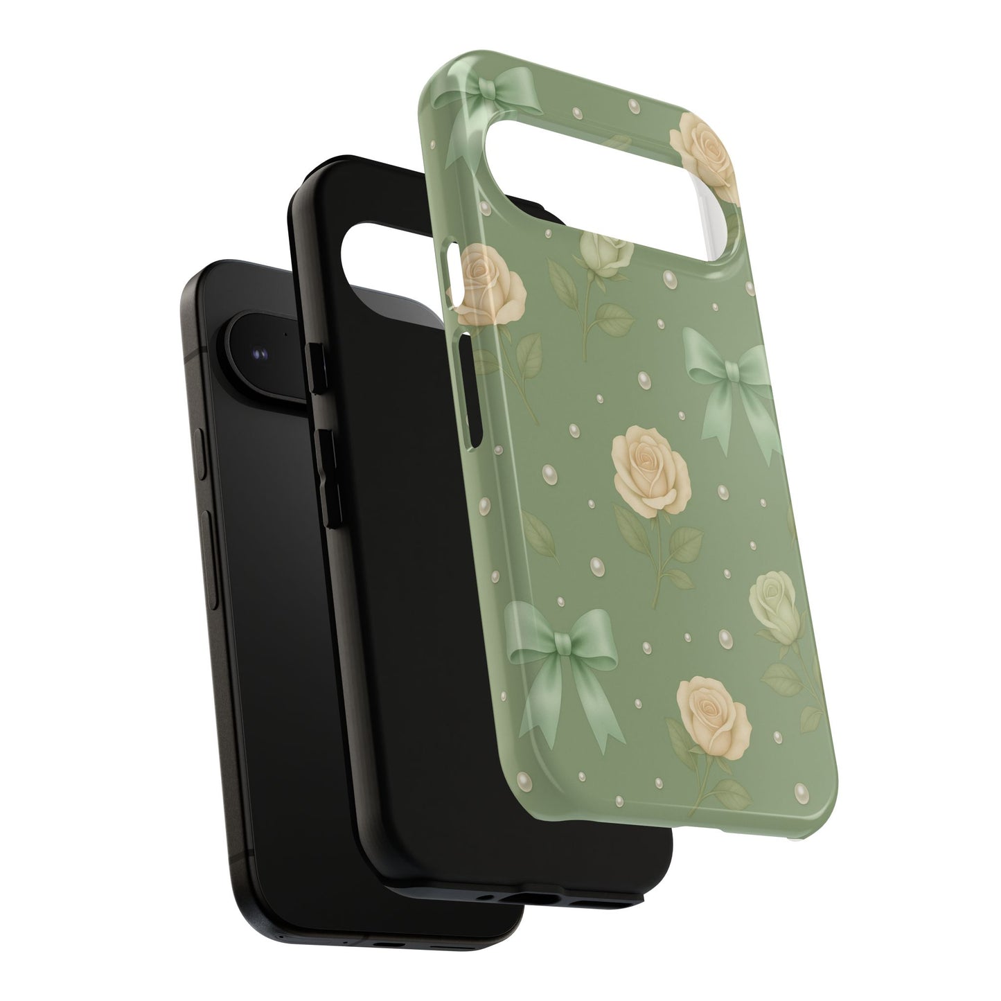 Vintage Rose Bow Phone Case – Sage Green Floral Coquette Aesthetic Tough Case (iPhone, Samsung, Pixel)