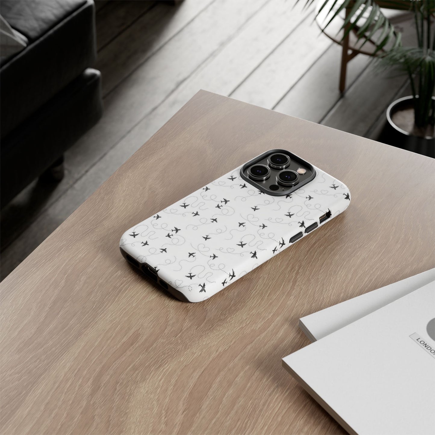 Minimal Paper Airplane Pattern Phone Case – Black White Aesthetic Tough Cover