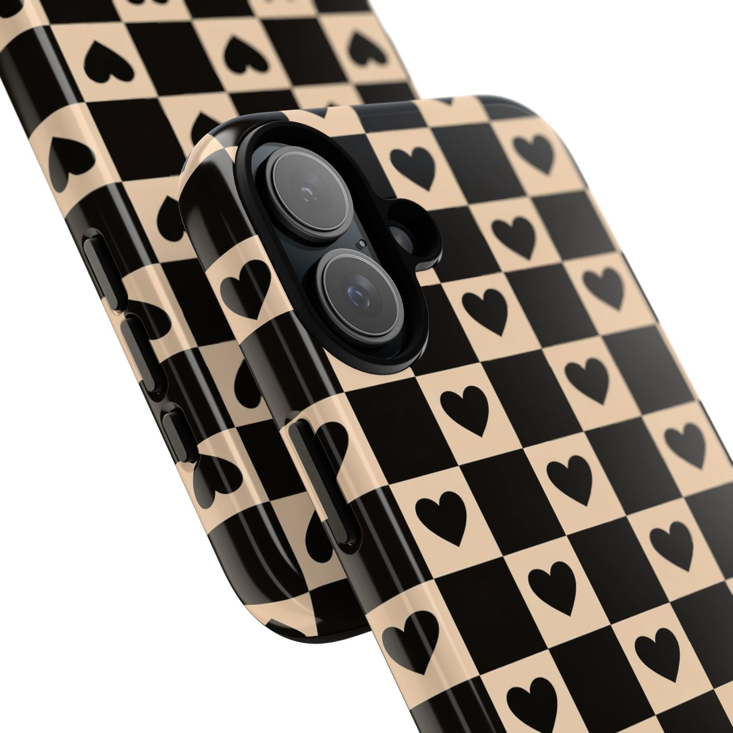 Checkerboard Heart Phone Case – Black & Beige Cute Aesthetic Protective Cover for Iphone, Samsung Galaxy and Pixel