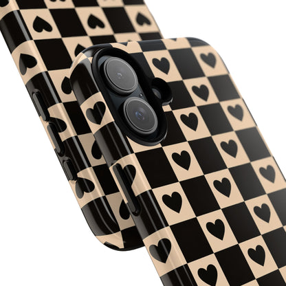 Checkerboard Heart Phone Case – Black & Beige Cute Aesthetic Protective Cover for Iphone, Samsung Galaxy and Pixel