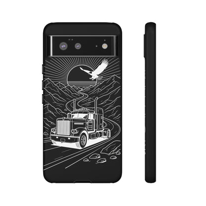Trucker Highway Phone Case | Eagle & Mountain Line Art | Black Western Tough Case