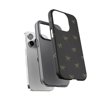 Black Phone Case with Gold Bow Pattern – Slim Protective Cute Aesthetic Cover for Iphone, Samsung Galaxy and Pixel