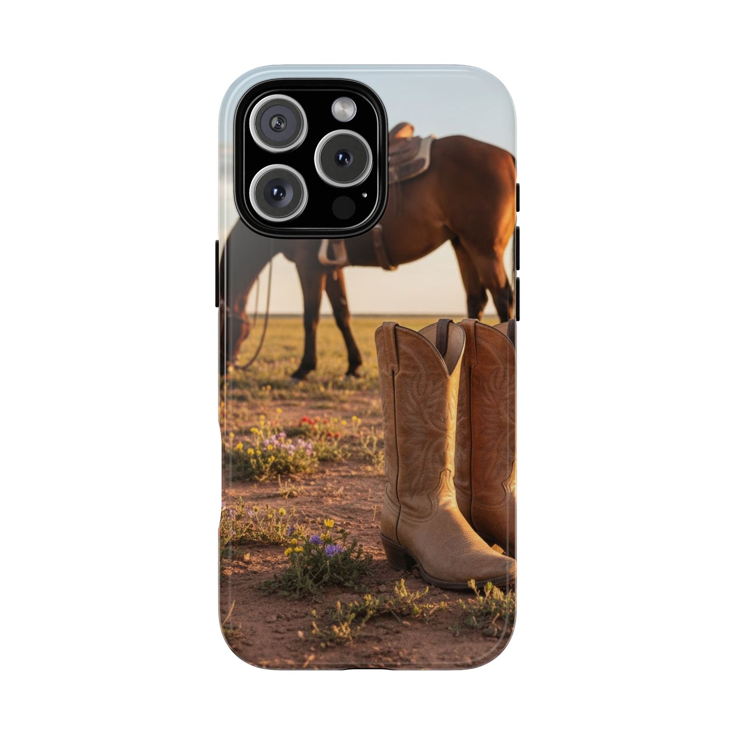Western Cowboy Boots Phone Case – Rustic Horse Sunset Tough Case (iPhone, Samsung, Pixel)
