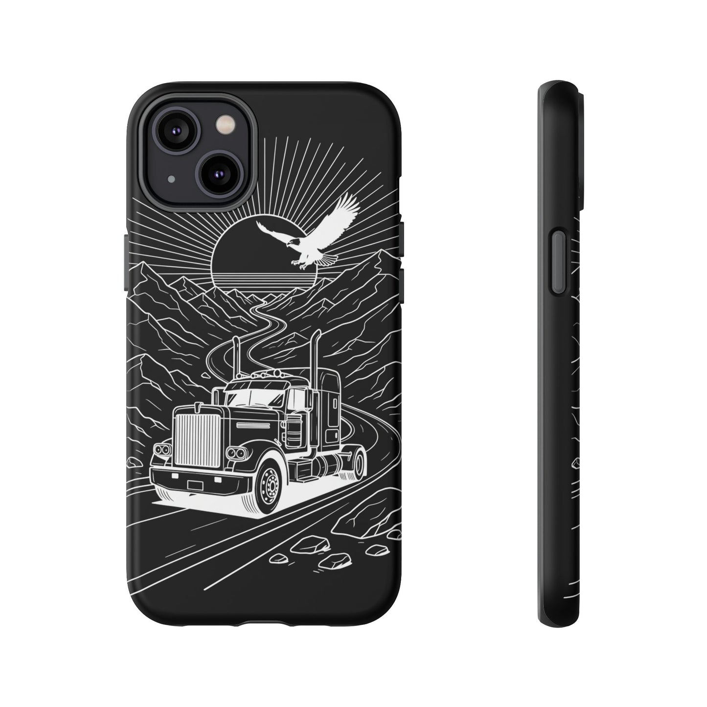 Trucker Highway Phone Case | Eagle & Mountain Line Art | Black Western Tough Case