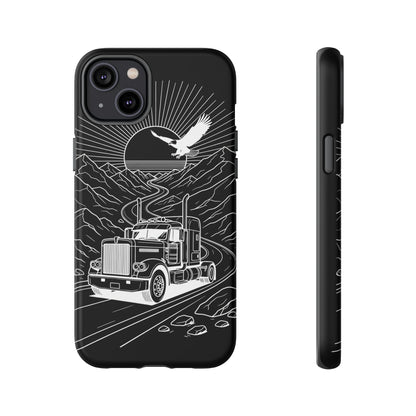 Trucker Highway Phone Case | Eagle & Mountain Line Art | Black Western Tough Case