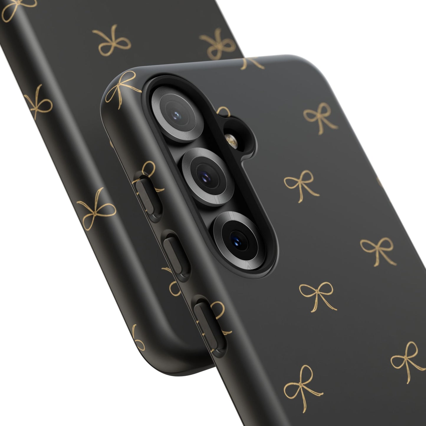 Black Phone Case with Gold Bow Pattern – Slim Protective Cute Aesthetic Cover for Iphone, Samsung Galaxy and Pixel