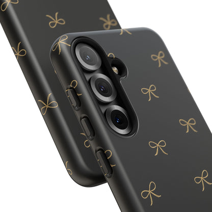 Black Phone Case with Gold Bow Pattern – Slim Protective Cute Aesthetic Cover for Iphone, Samsung Galaxy and Pixel