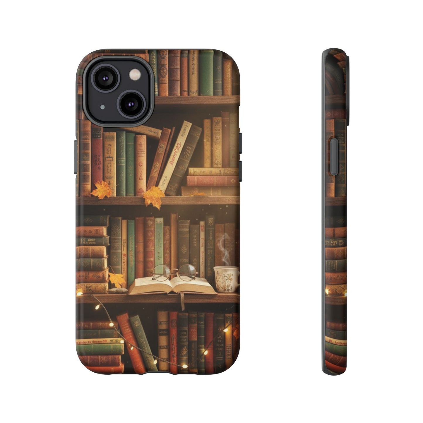 Cozy Vintage Bookshelf Phone Case, Library Aesthetic Book Stack, Autumn Coffee Vibes (iPhone, Samsung, Pixel)