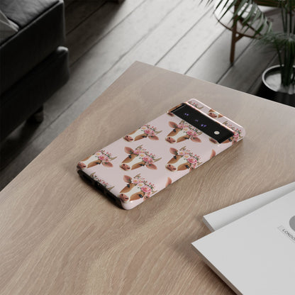 Floral Cow Phone Case – Cute Pink Cow Print Tough Protective Case for Iphone, Samsung Galaxy and Pixel