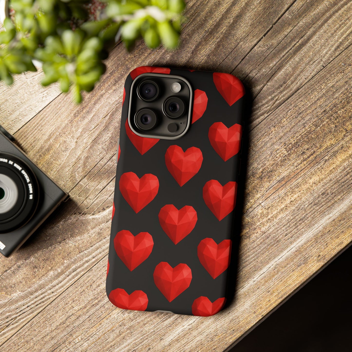 Red Heart Phone Case – Geometric Heart Pattern Tough Case (Black)