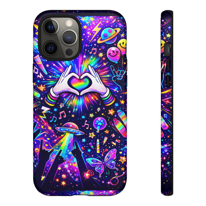 Rainbow Heart Hands Phone Case – Neon Galaxy EDM Festival Tough Cover