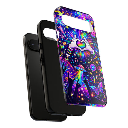 Rainbow Heart Hands Phone Case – Neon Galaxy EDM Festival Tough Cover
