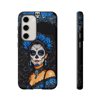Blue Sugar Skull Woman Phone Case – Day of the Dead Aesthetic Tough Cover