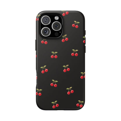 Cherry Pattern Phone Case — Slim Black Protective iPhone Case with Red Cherries for Iphone, Samsung Galaxy and Pixel