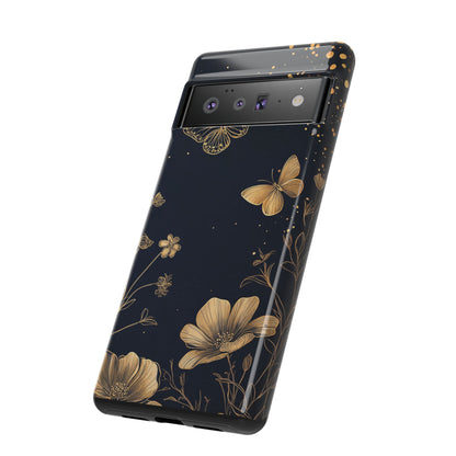 Gold Floral Butterfly Phone Case, Dark Aesthetic Botanical, Elegant Black Luxury iPhone Samsung Cover