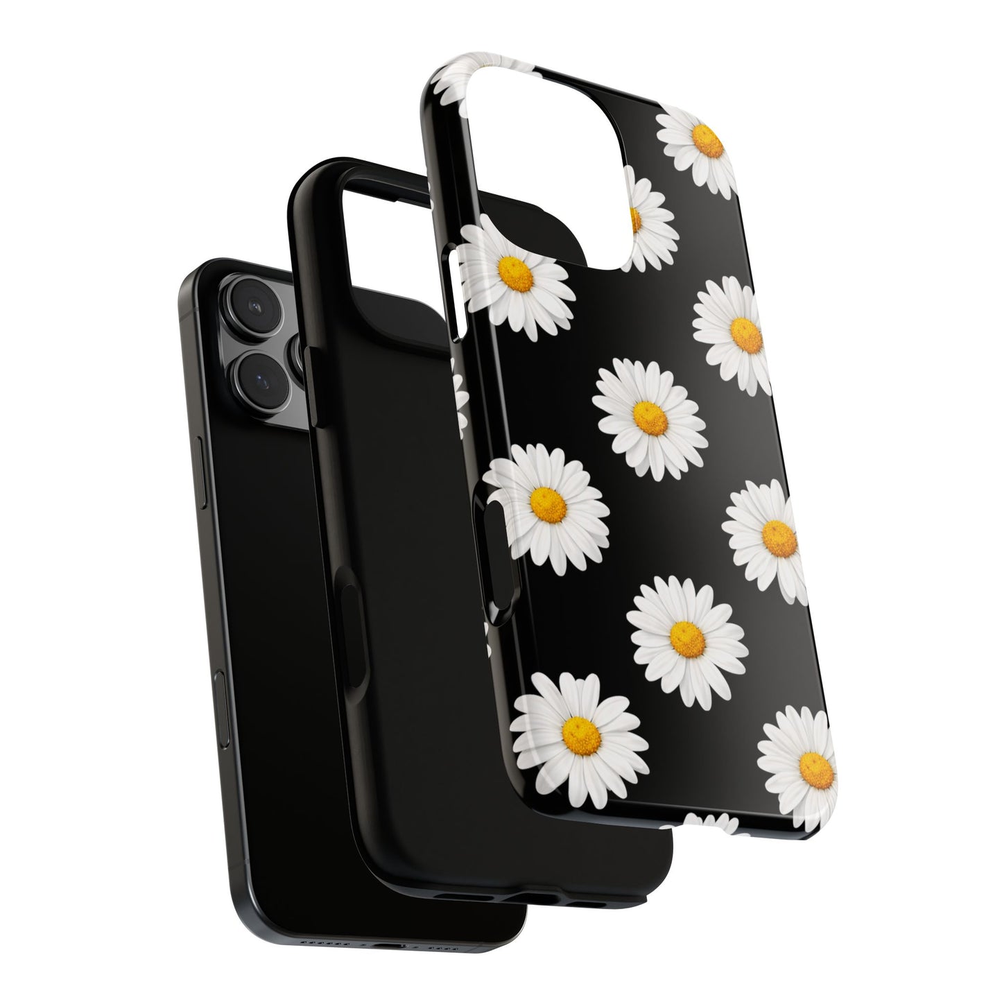 Black Daisy Floral Tough Phone Case – Cute Protective Cover for Iphone, Samsung Galaxy and Pixel