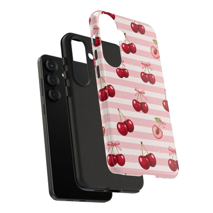 Coquette Cherry Bow Phone Case | Cute Pink Aesthetic Cherry Pattern Tough Case for iPhone & Samsung
