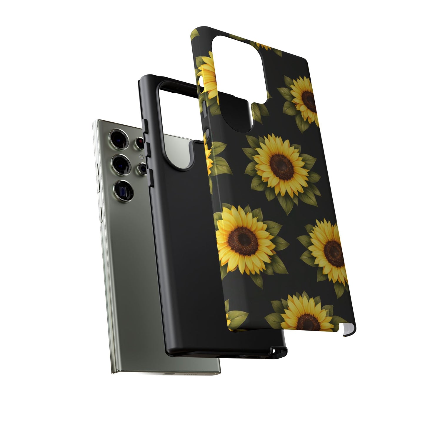 Sunflower Floral Tough Phone Case – Black Background Protective Cover for Iphone, Samsung Galaxy and Pixel