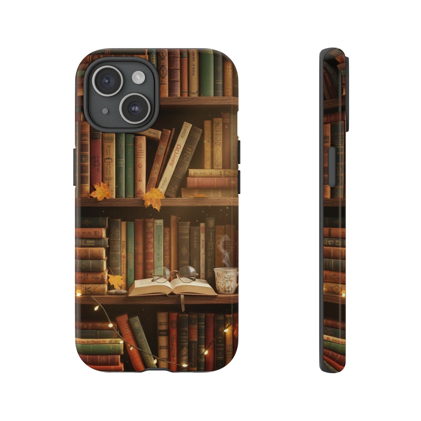 Cozy Vintage Bookshelf Phone Case, Library Aesthetic Book Stack, Autumn Coffee Vibes (iPhone, Samsung, Pixel)