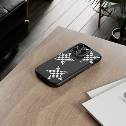 Checkered Star Tough Phone Case – Black Retro Graphic Protective Cover for Iphone, Samsung Galaxy and Pixel