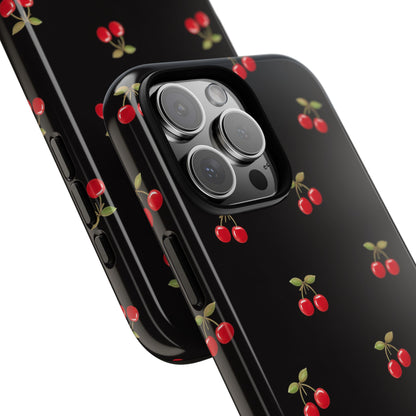 Cherry Pattern Phone Case — Slim Black Protective iPhone Case with Red Cherries for Iphone, Samsung Galaxy and Pixel