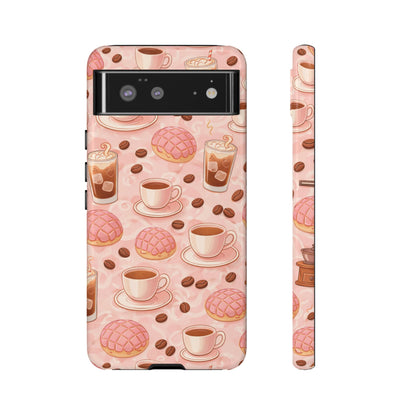 Cute Coffee & Pink Concha Phone Case – Coffee Lover Aesthetic Latte Pattern Tough Case