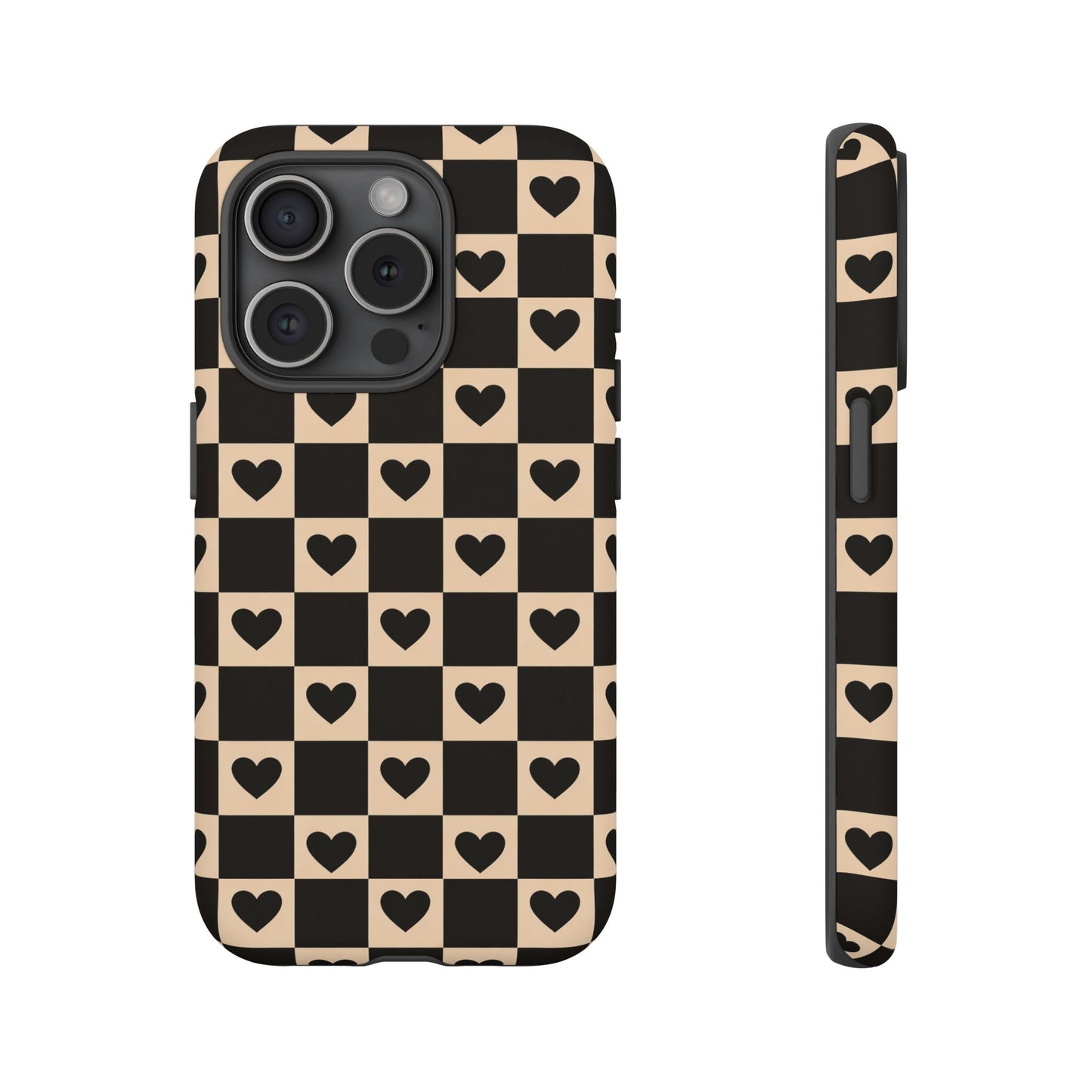 Checkerboard Heart Phone Case – Black & Beige Cute Aesthetic Protective Cover for Iphone, Samsung Galaxy and Pixel