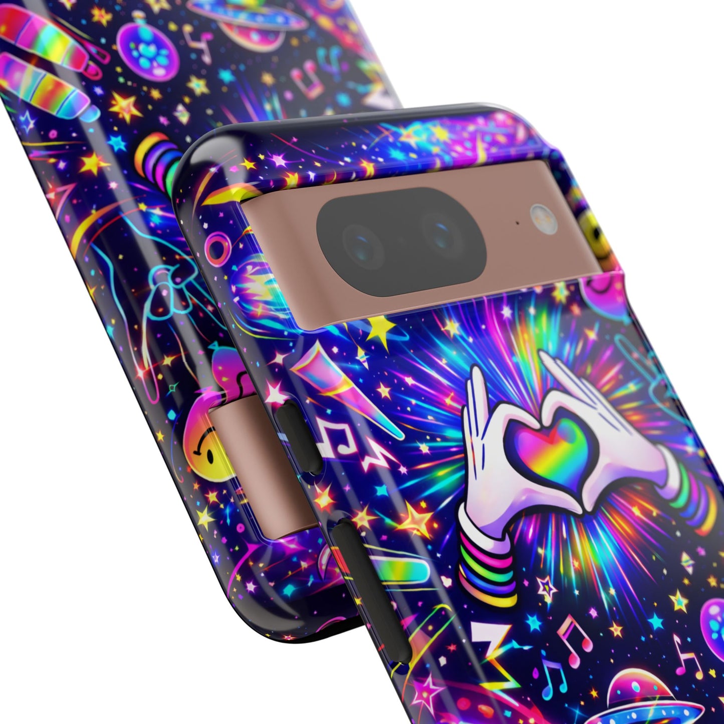 Rainbow Heart Hands Phone Case – Neon Galaxy EDM Festival Tough Cover
