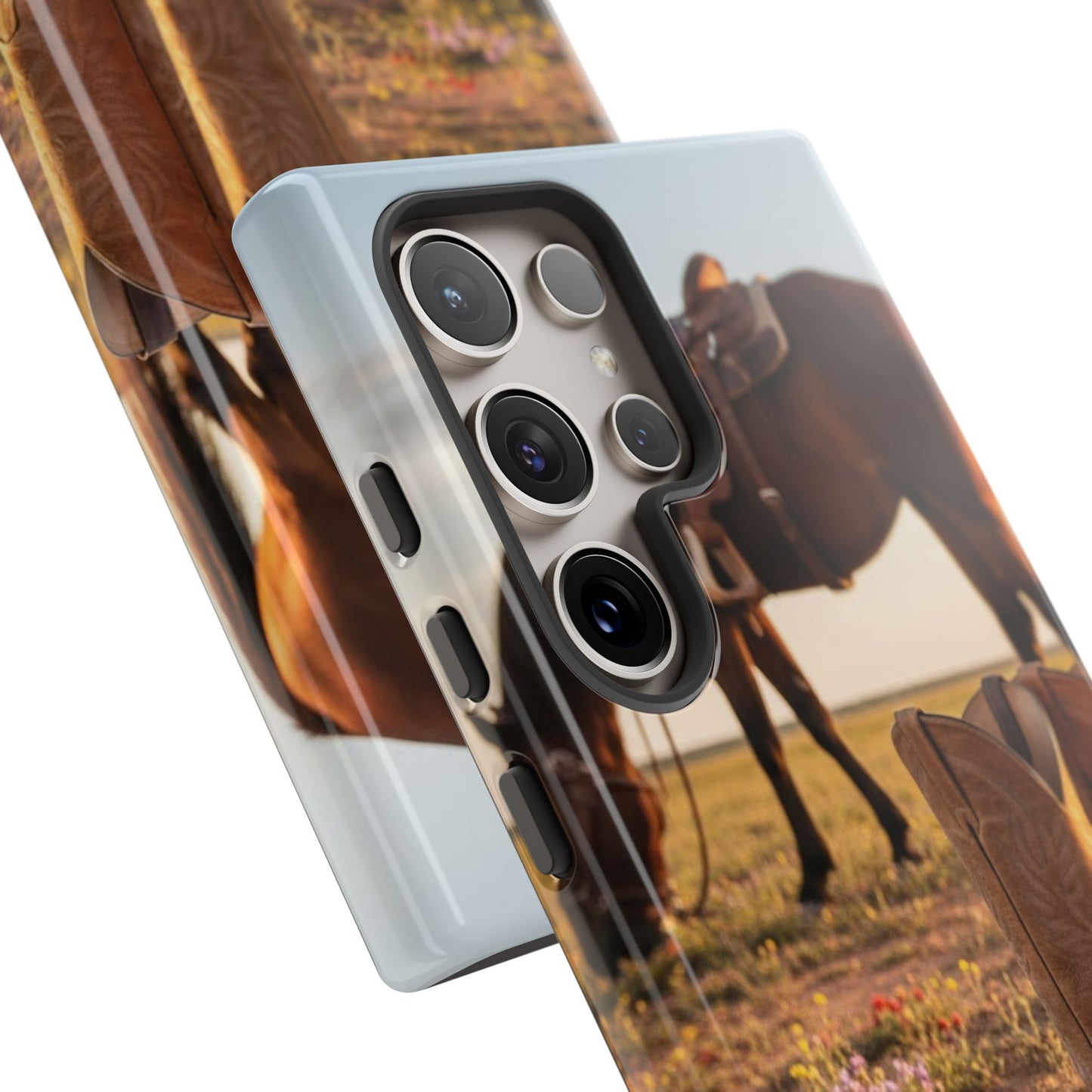 Western Cowboy Boots Phone Case – Rustic Horse Sunset Tough Case (iPhone, Samsung, Pixel)