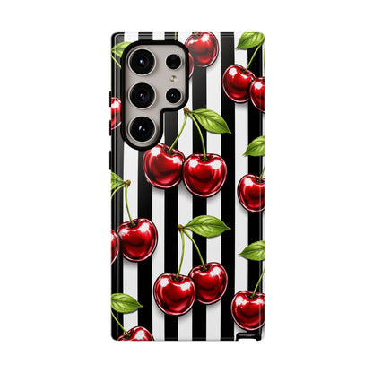Cherry Pattern Phone Case Black White Stripe Retro Aesthetic Tough Cover