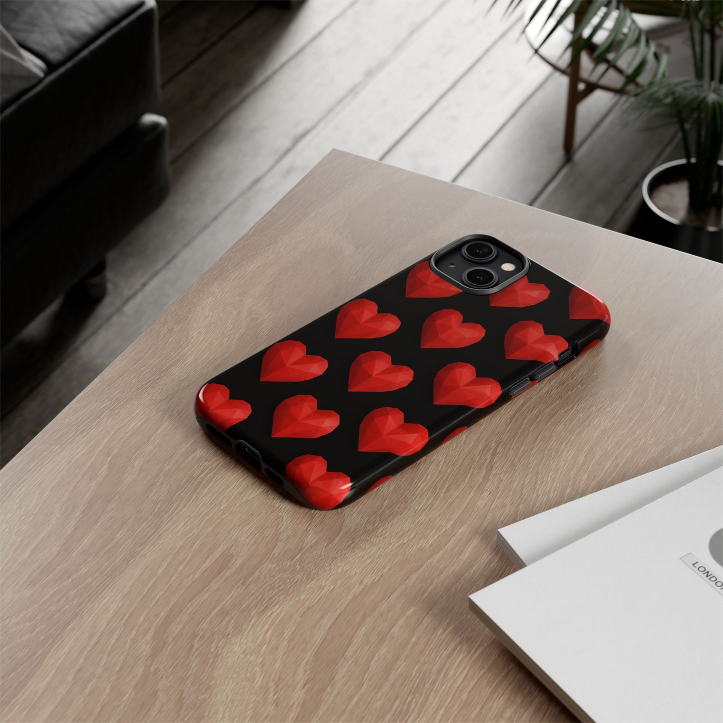 Red Heart Phone Case – Geometric Heart Pattern Tough Case (Black)
