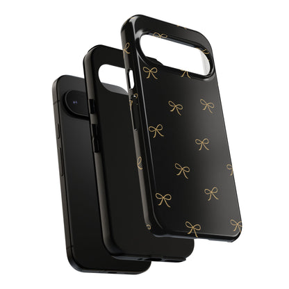 Black Phone Case with Gold Bow Pattern – Slim Protective Cute Aesthetic Cover for Iphone, Samsung Galaxy and Pixel