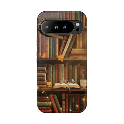 Cozy Vintage Bookshelf Phone Case, Library Aesthetic Book Stack, Autumn Coffee Vibes (iPhone, Samsung, Pixel)