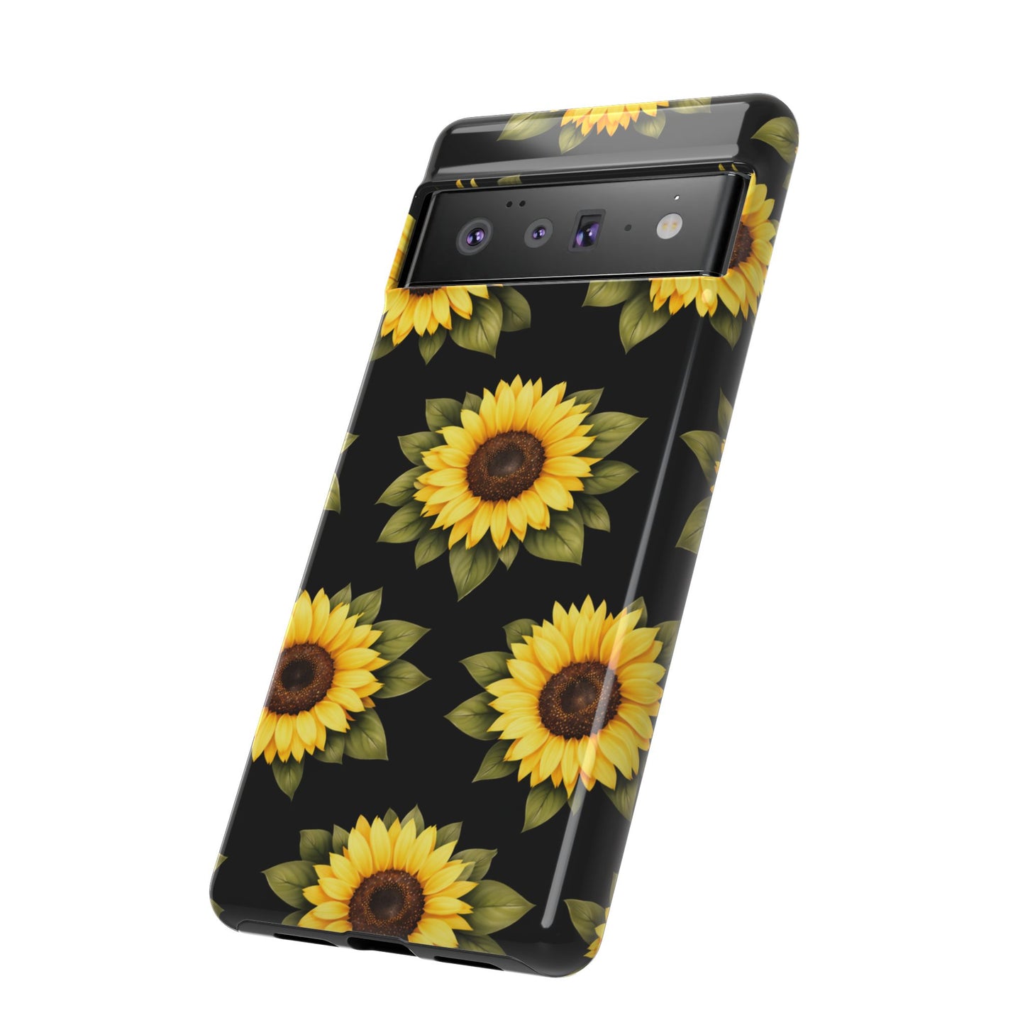 Sunflower Floral Tough Phone Case – Black Background Protective Cover for Iphone, Samsung Galaxy and Pixel