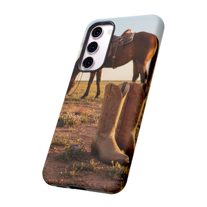 Western Cowboy Boots Phone Case – Rustic Horse Sunset Tough Case (iPhone, Samsung, Pixel)