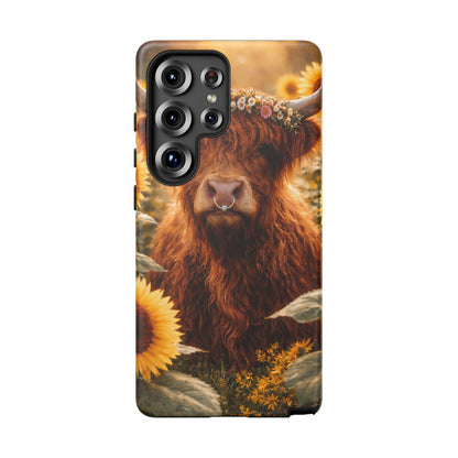 Highland Cow Sunflower Phone Case | Floral Farmhouse iPhone, Samsung Galaxy and Pixel Cover