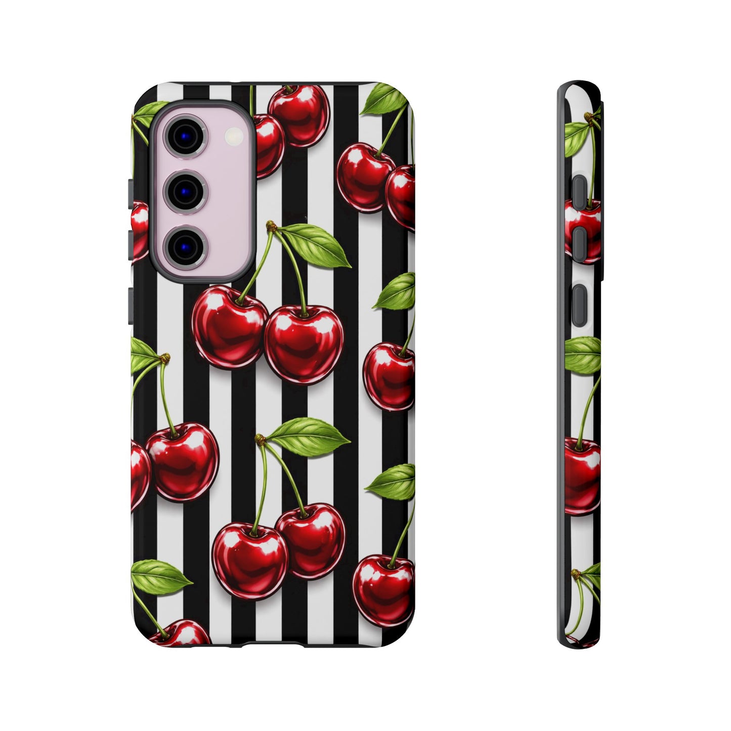 Cherry Pattern Phone Case Black White Stripe Retro Aesthetic Tough Cover
