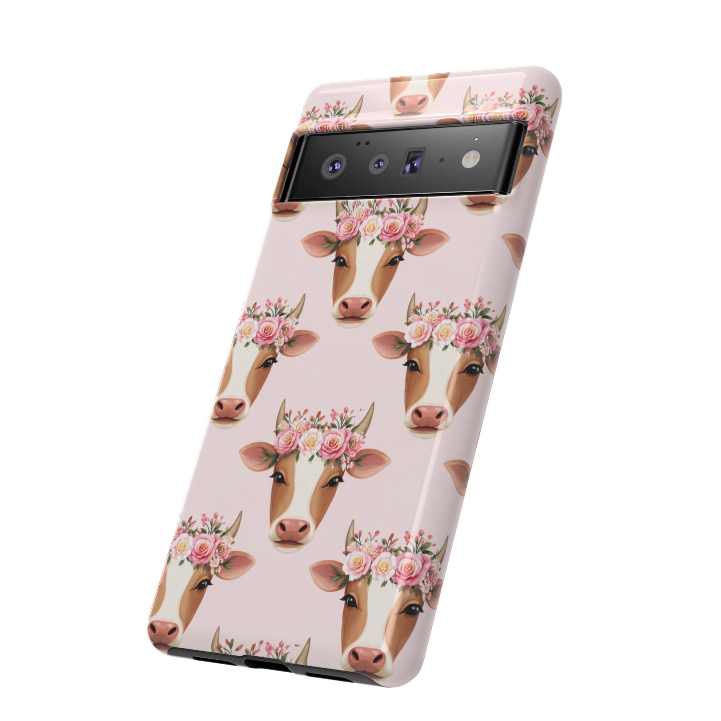 Floral Cow Phone Case – Cute Pink Cow Print Tough Protective Case for Iphone, Samsung Galaxy and Pixel