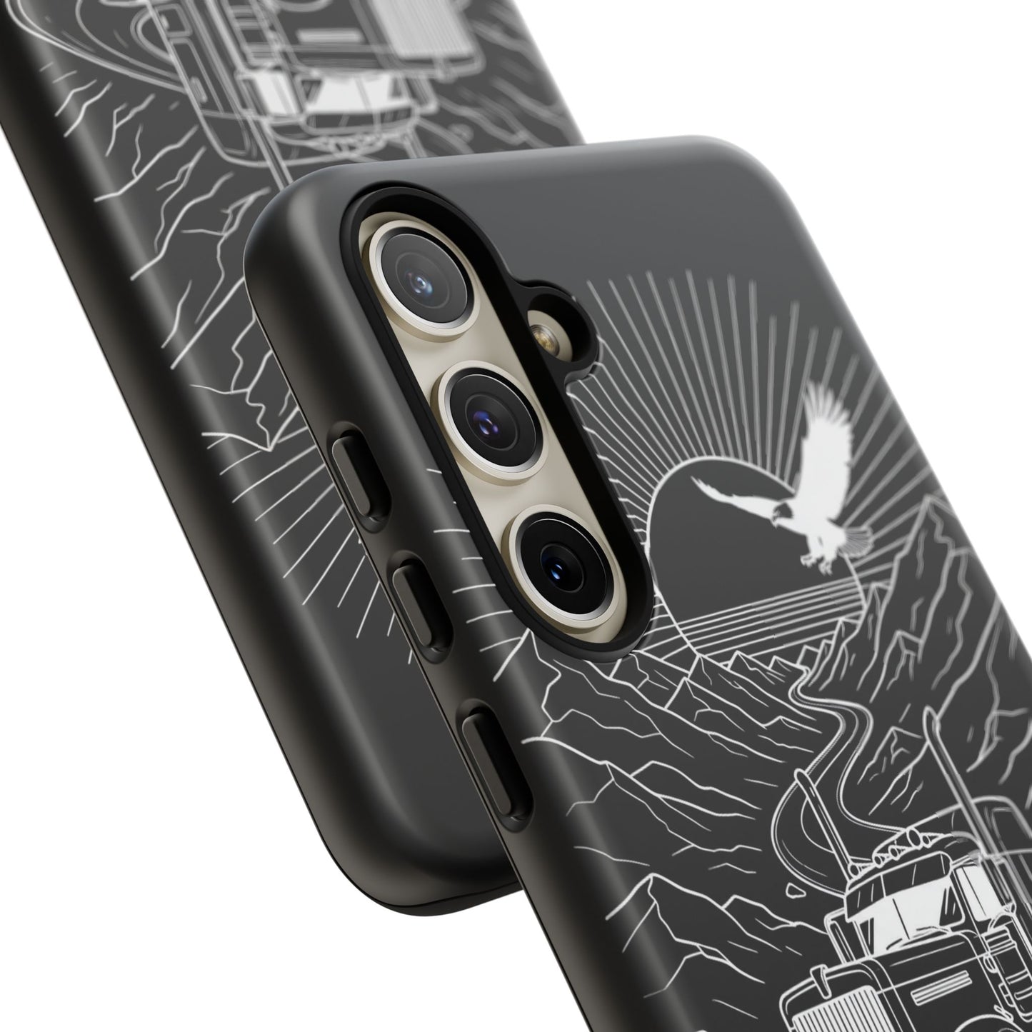 Trucker Highway Phone Case | Eagle & Mountain Line Art | Black Western Tough Case