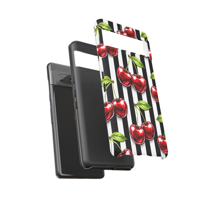 Cherry Pattern Phone Case Black White Stripe Retro Aesthetic Tough Cover