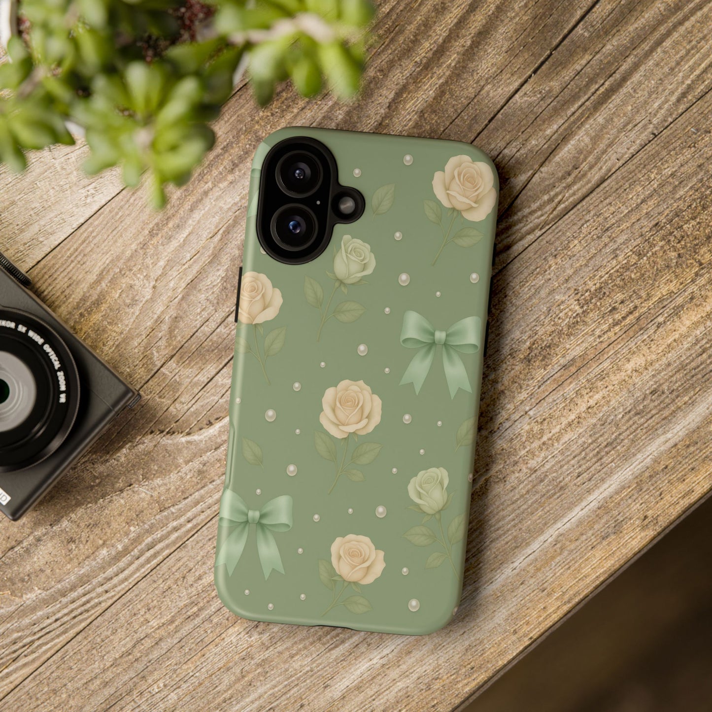 Vintage Rose Bow Phone Case – Sage Green Floral Coquette Aesthetic Tough Case (iPhone, Samsung, Pixel)