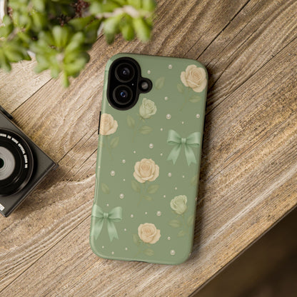 Vintage Rose Bow Phone Case – Sage Green Floral Coquette Aesthetic Tough Case (iPhone, Samsung, Pixel)