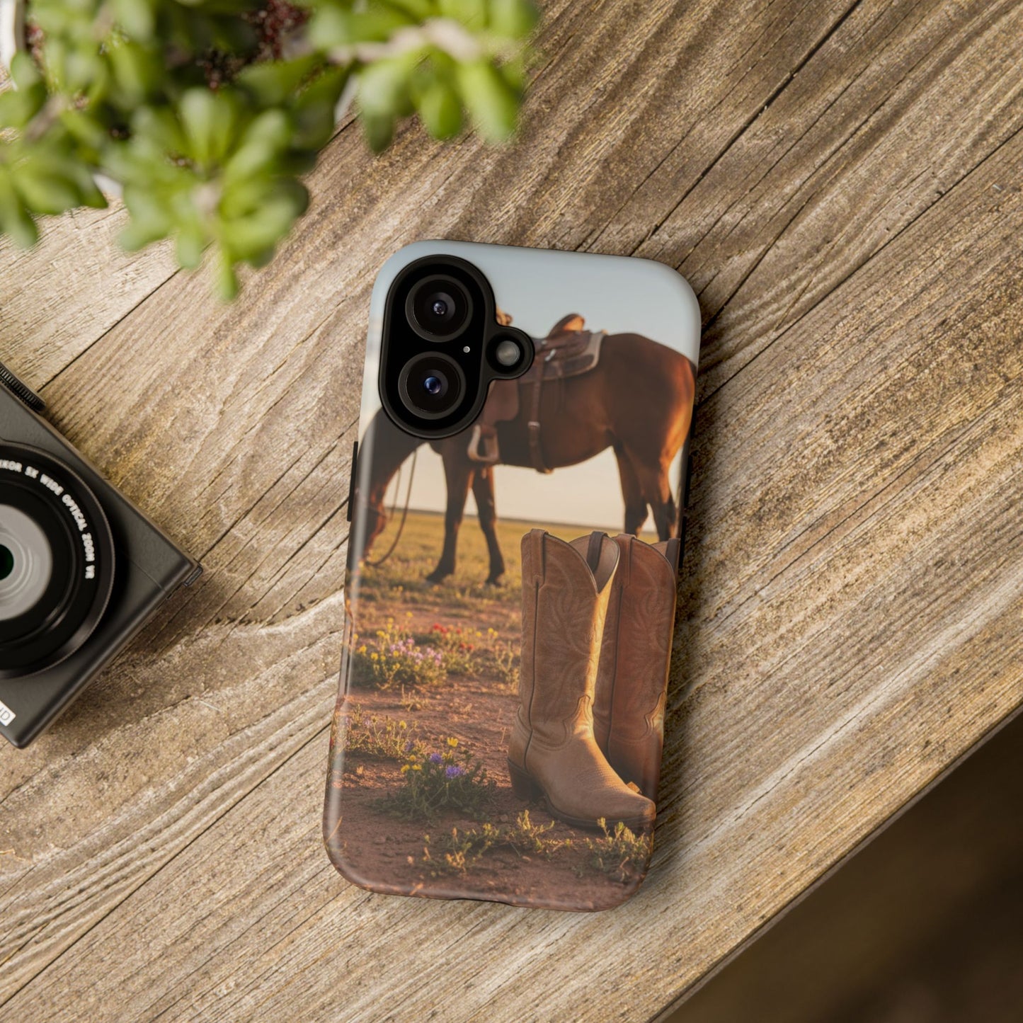 Western Cowboy Boots Phone Case – Rustic Horse Sunset Tough Case (iPhone, Samsung, Pixel)