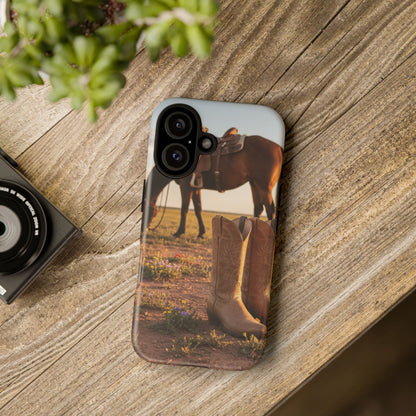 Western Cowboy Boots Phone Case – Rustic Horse Sunset Tough Case (iPhone, Samsung, Pixel)