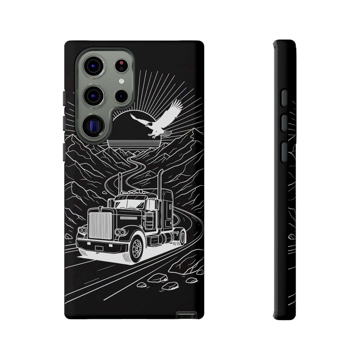 Trucker Highway Phone Case | Eagle & Mountain Line Art | Black Western Tough Case
