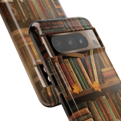 Cozy Vintage Bookshelf Phone Case, Library Aesthetic Book Stack, Autumn Coffee Vibes (iPhone, Samsung, Pixel)